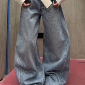 Loose Floor Length Curved Leg Washed Letter Embossed Jeans