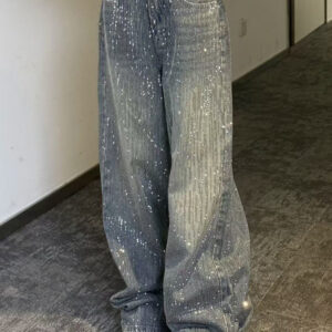 Sparkly All Rhinestone Washed Loose Wide Leg Jeans